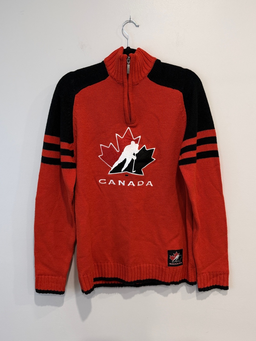 Vintage Hockey Canada Quarter Zip Knit Sweater Red Black Mens Small